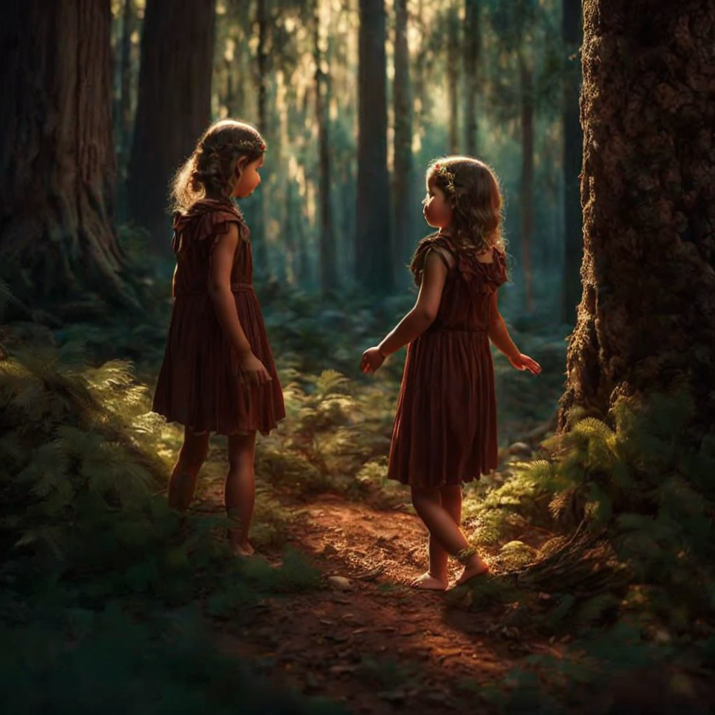 Young girls in matching brown dresses in sunlit forest among tall trees