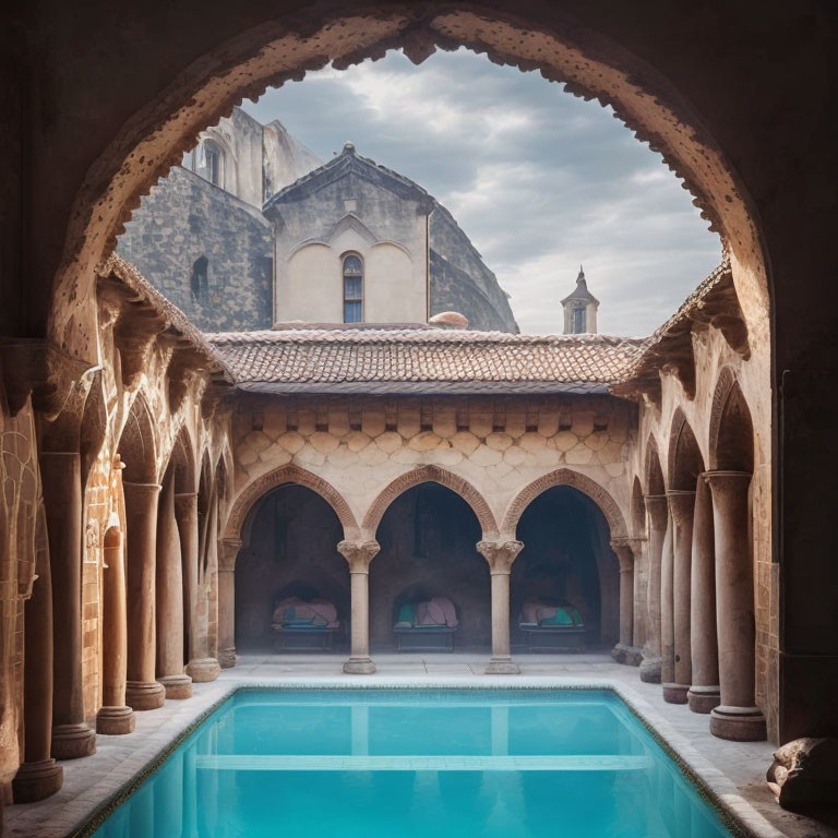 Tranquil pool and symmetrical columns in arched cloister with historic building and clear sky