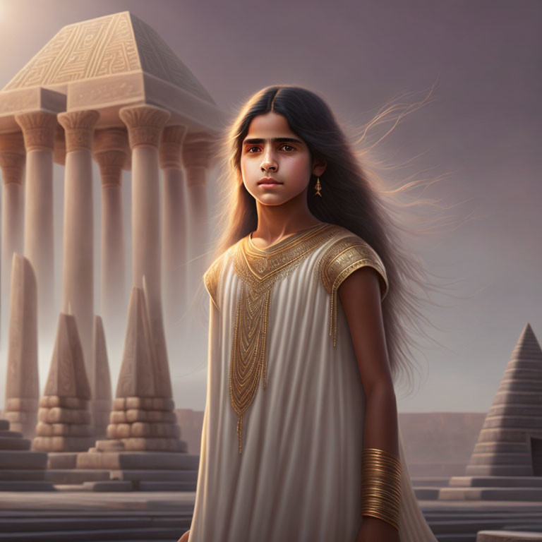 Dark-haired girl in historical attire near ancient pyramids and pillars under hazy sky