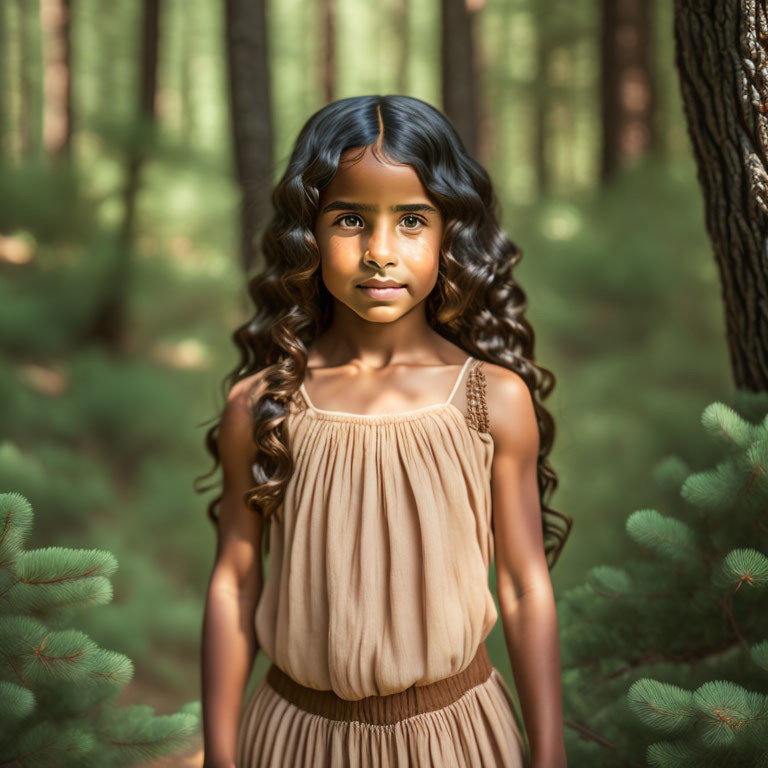 Curly-Haired Girl in Beige Dress Standing in Sunlit Forest