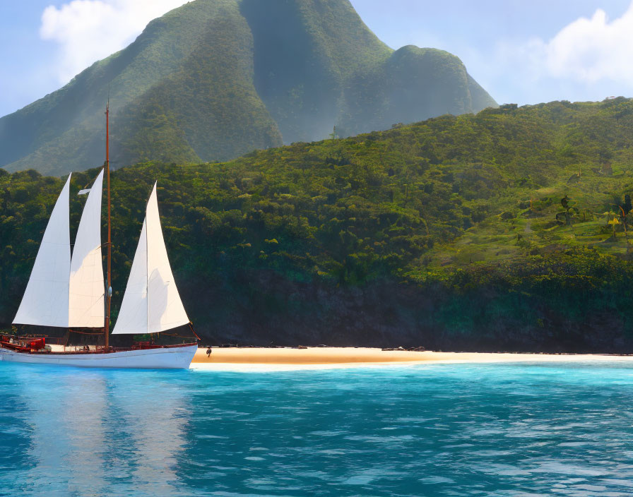 Sailboat with white sails near tropical beach and lush green mountains