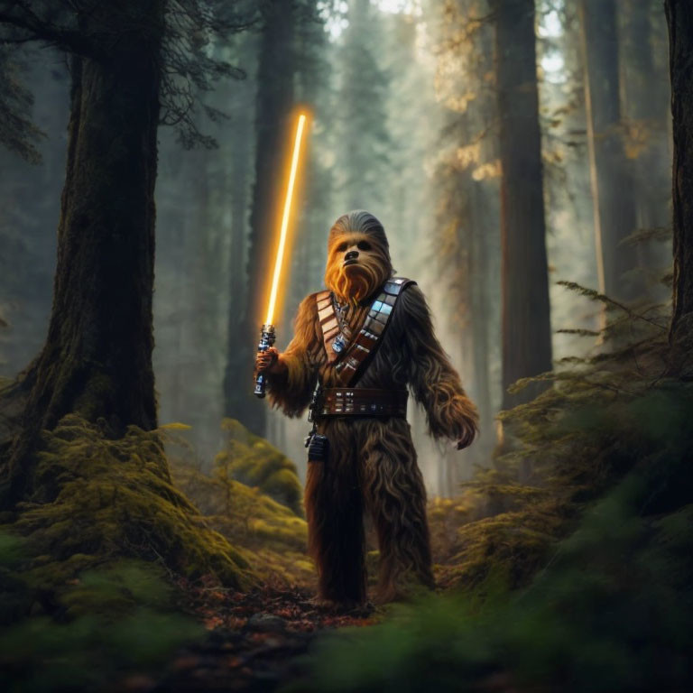 Furry figure with yellow lightsaber in misty forest