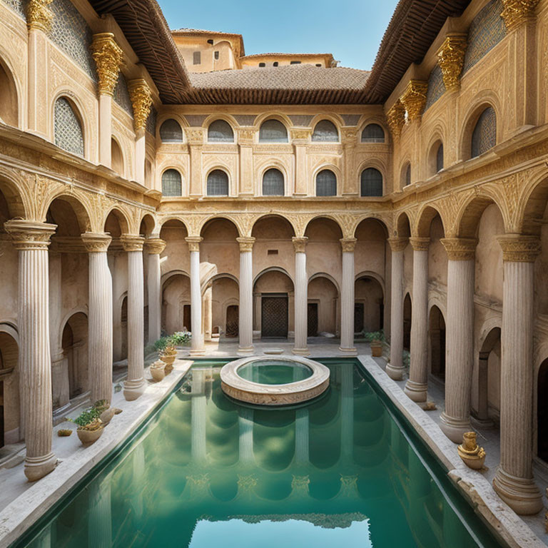 Courtyard with Arched Colonnades and Reflective Pool