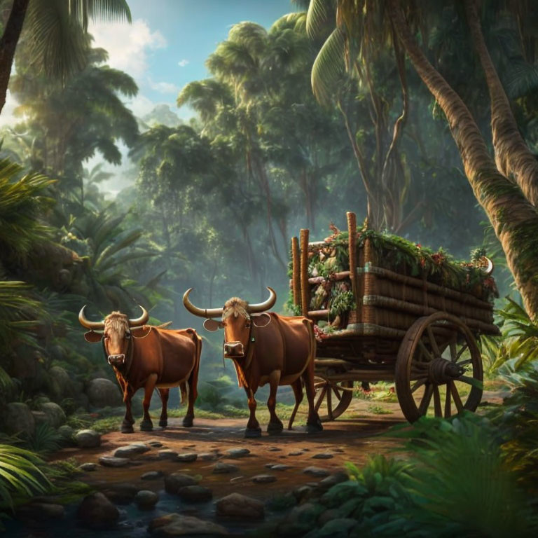 Oxen pulling loaded cart in lush forest clearing