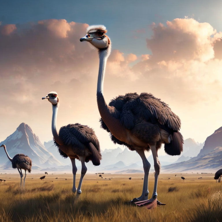 Stylized ostriches with human-like eyes and shoes on plain with mountains and clear sky