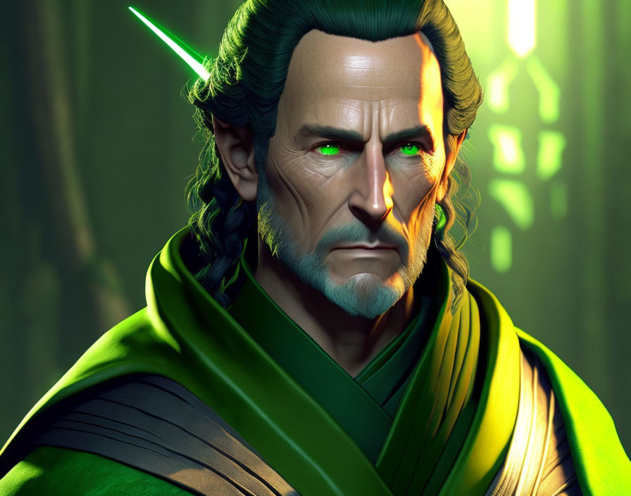 Male Figure with Green Eyes in Jedi Robe and Cloak Exudes Authority