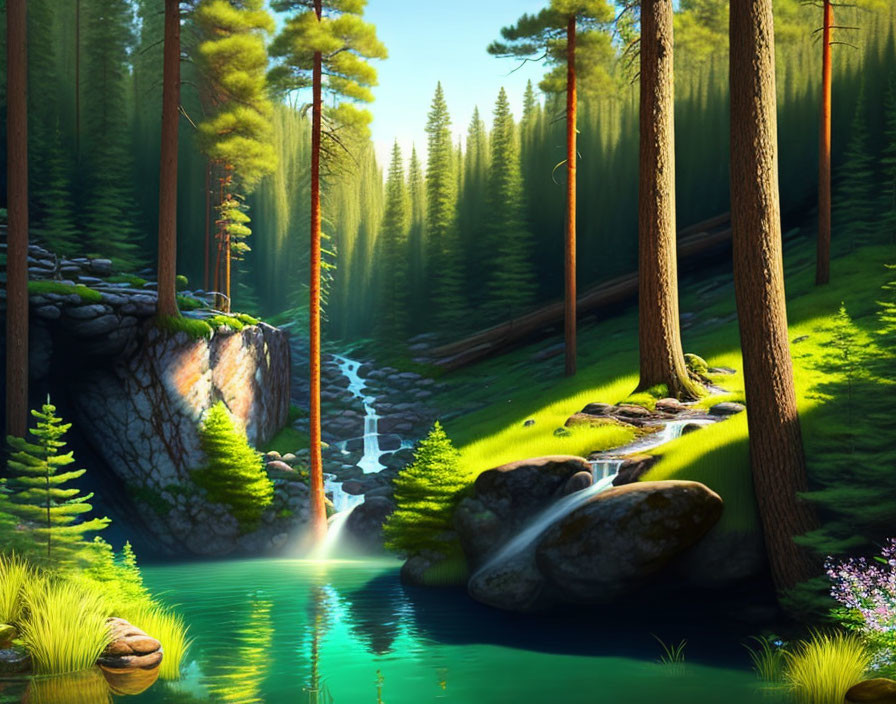 Tranquil forest landscape with tall trees, waterfall, and stream