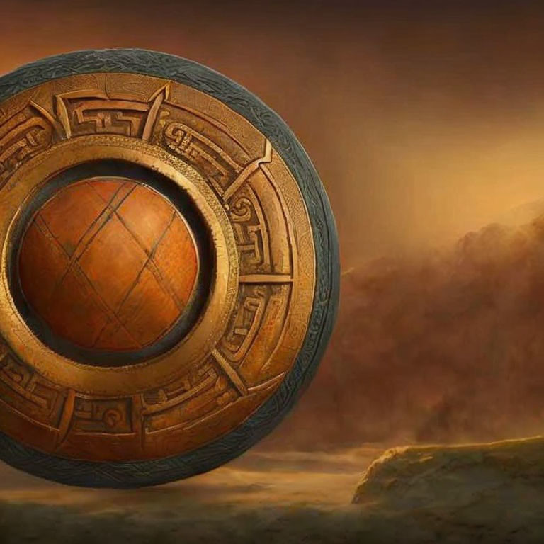 Ancient shield with central boss on misty, golden-hued backdrop