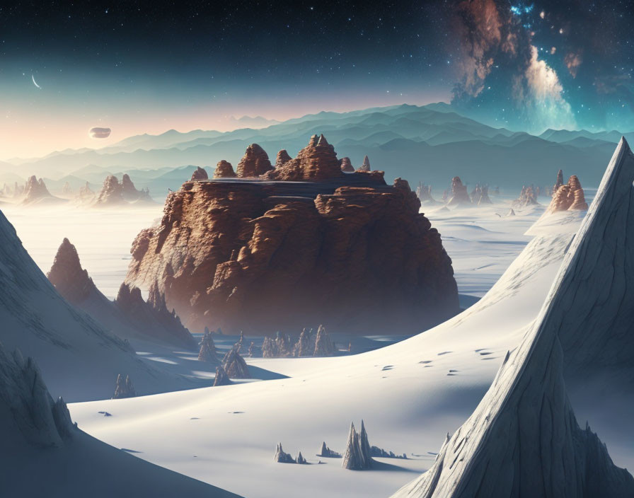 Snow-covered alien landscape at twilight with towering rock formations and star-filled sky.