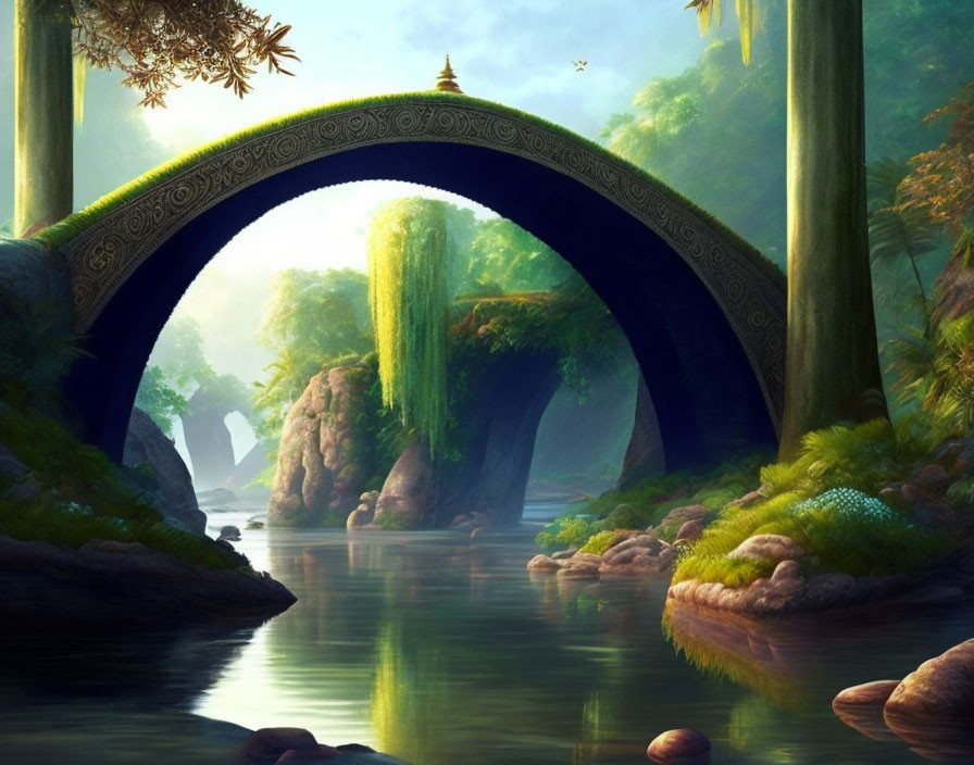 Ornate stone bridge over serene river in misty forest