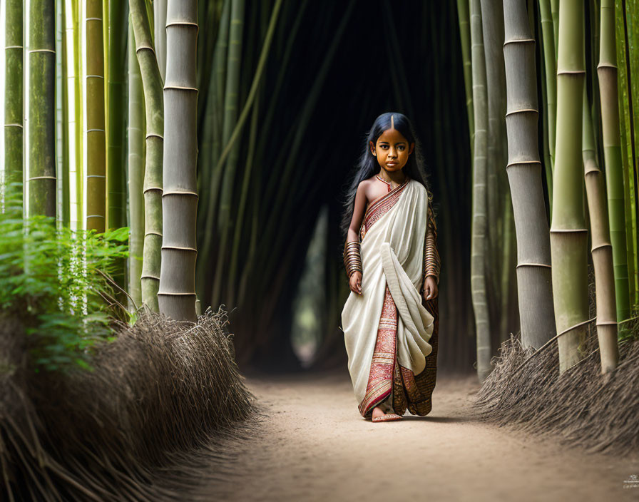 Young girl in traditional attire walking through bamboo forest