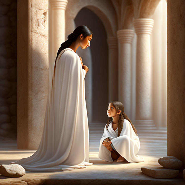 Digital illustration: Young girl in white robes listening to standing woman in sunlit corridor