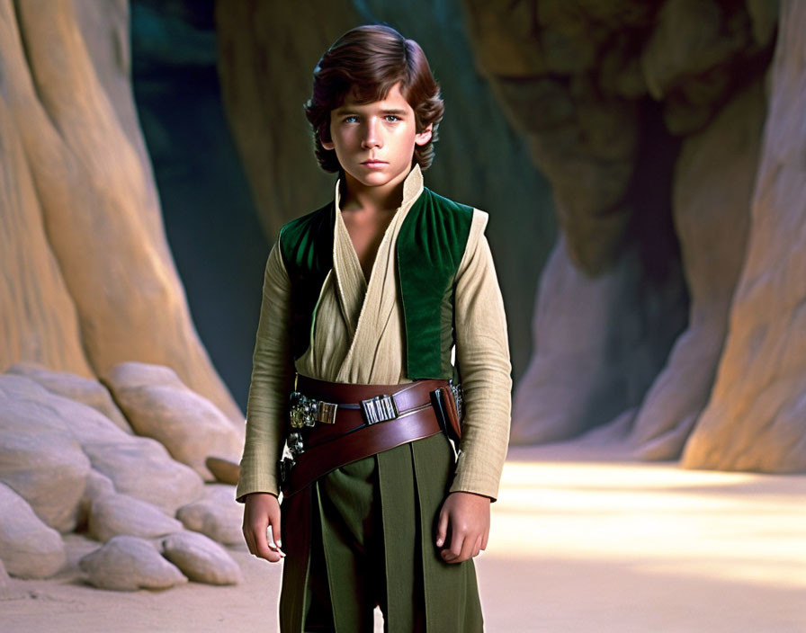 Young boy in futuristic costume in desert cavern.