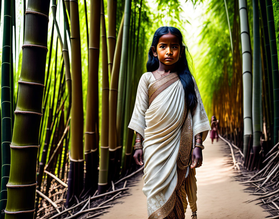 Young girl in traditional attire walking in bamboo forest with sunlight and shadows.