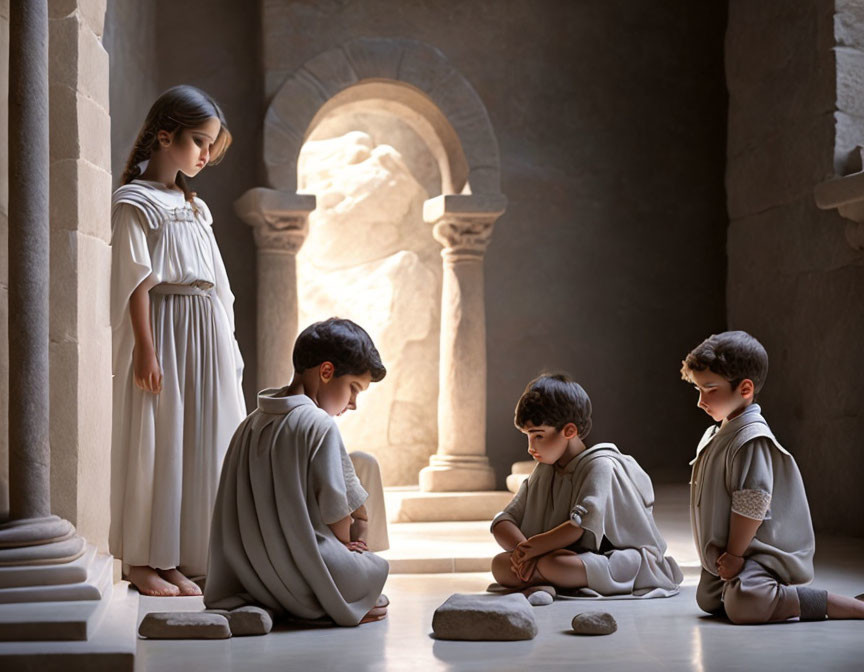 Children in classical attire playing in ancient Roman-style courtyard under soft sunlight.