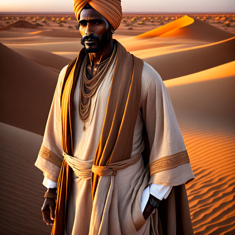 Man in traditional desert attire among sand dunes at golden hour