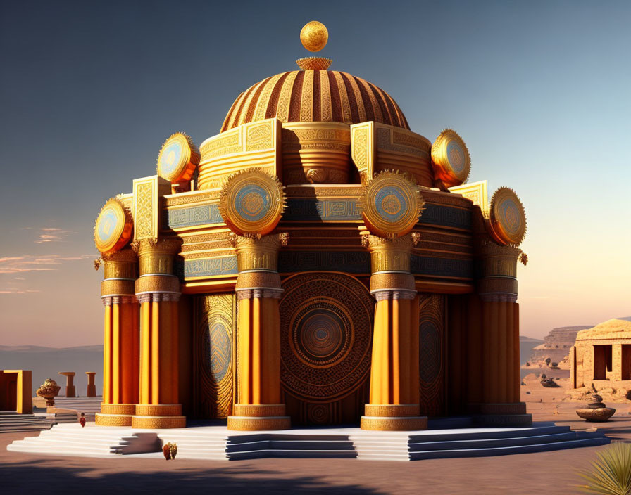 Golden-domed ornate structure in desert sunset/sunrise