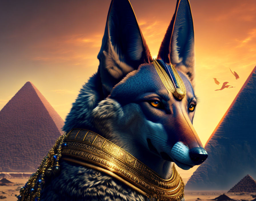 Anthropomorphic fox in Egyptian attire with pyramids and orange sky.