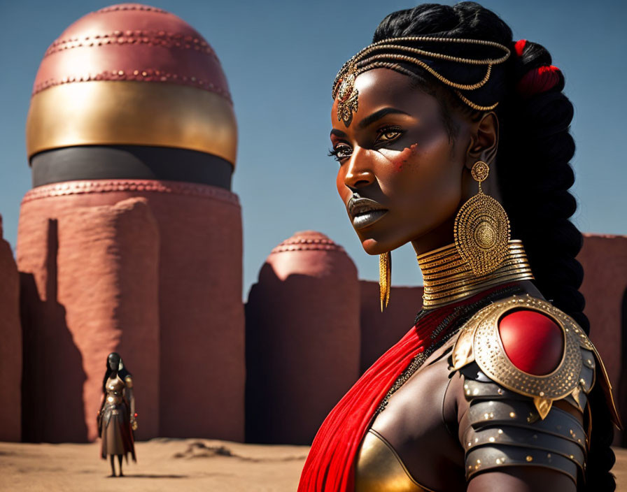 Elaborately adorned woman in red face paint against futuristic desert backdrop