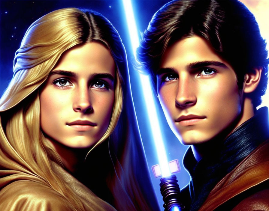 Sci-fi themed image: man with blue lightsaber, two individuals in front of starry backdrop