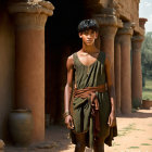 Young boy in ancient attire stands in sunlit rustic doorway surrounded by nature