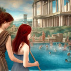 Classical attired women by serene pool with ancient architecture and swimming people.