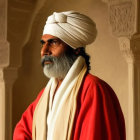 Elderly man in white turban and red shawl under arches in warm sunlight