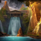 Ancient temples on waterfalls in a serene landscape