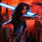 Female character wields blue lightsaber and blaster in fiery dystopian setting