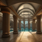 Elegant grand hall with vaulted ceilings and classical pillars by a reflective blue pool