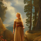 Ancient regalia woman in forest clearing with mountain backdrop