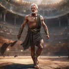 Elderly muscular gladiator in loin cloth and arm guards.