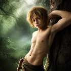 Blond-Haired Boy in Loin Cloth by Moss-Covered Tree