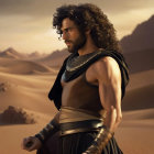 Muscular man in ancient warrior attire in desert landscape