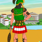 Muscular warrior in ancient armor with spear overlooking serene landscape.