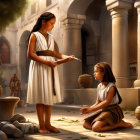 Ancient attire: Two girls study outdoors under sunlight