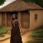 Traditional Attire Woman Standing Near Thatched Hut