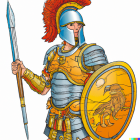 Illustration of Roman soldier in armor with spear, shield, and eagle motif.