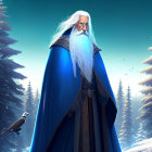 Bearded wizard in blue cloak in snowy forest with bird and blue light