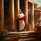 Ancient Greek attire illustration with older man and pillars.