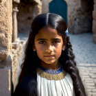 Dark-haired girl in traditional necklace in sunlit alley with old blue door