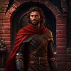 Medieval knight digital art: stern expression, beard, leather armor, red cape, chainmail,