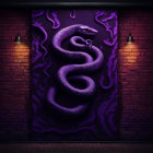 Purple 3D snake illustration on dark panel with ornate details under warm pendant lamp lighting