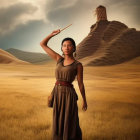 Two women with braided hair in earth-toned dresses under desert sunlight