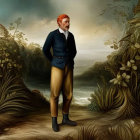 Bearded man in cap, waistcoat, and trousers on beach with ocean and cloudy sky