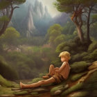 Child sitting on stone gazes at forested landscape in warm sunlight