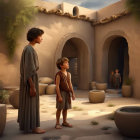 Historical animated boys in courtyard with onlookers and earthenware pots