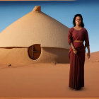 Woman in elegant brown attire in futuristic desert setting