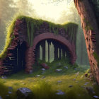 Serene forest scene: moss-covered stone archway in sunlight