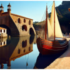 Tranquil harbor scene with red sailboat and rustic buildings